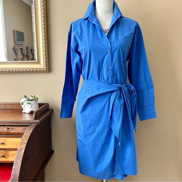 Max Mara Poplin Shirt Dress Royal Blue Long Sleeve Side Tie Button Front Size 4 - Picture 3 of 11